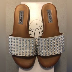 Farryn White Leather Studded Slide Sandals